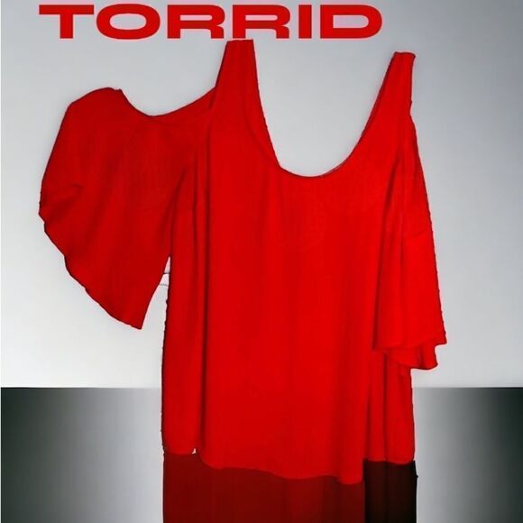Torrid Red Cold Shoulder Bell Sleeve Blouse - Torrid 2 l EUC - Picture 1 of 7